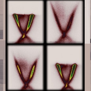 パルスレーザー光によるエネルギーの入力に電子が反応する様子を表した3D画像。横軸は電子の運動量、縦軸は電子のエネルギーを表している。画像は左上から右下に向かって時系列で並んでいる。2番目の画像の一瞬前にパルスレーザーが到達し、エネルギーレベルが突然爆発的に高くなっているのが分る (Images by Yihua Wang and Nuh Gedik)