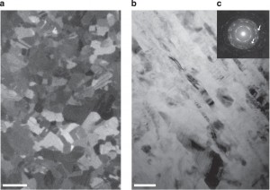 (a)双晶構造の走査顕微鏡画像(スケールバー:200nm)、(b)透過顕微鏡画像(スケールバー:50nm)、(c)回折パターン (Kenichi Tanigaki et al., Nature Communications (2013) doi:10.1038/ncomms3343)