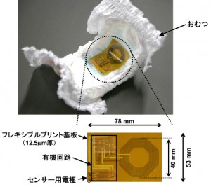 図1 柔らかいワイヤレス有機センサシステム。水分を検出してワイヤレスで電力やデータを伝送できる。おむつや絆創膏に張り付けて使い捨ても可能 (出所:東京大学)